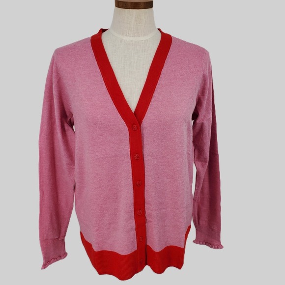 Candace Cameron Bure Sweaters - Candace Cameron Bure Pink Red Trim‎ Button Front Knit Cardigan Sweater Womens XS